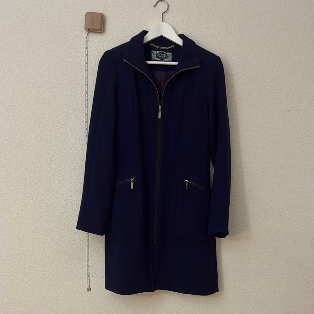 Navy Zip-Front Long Coat with Gold Zippers